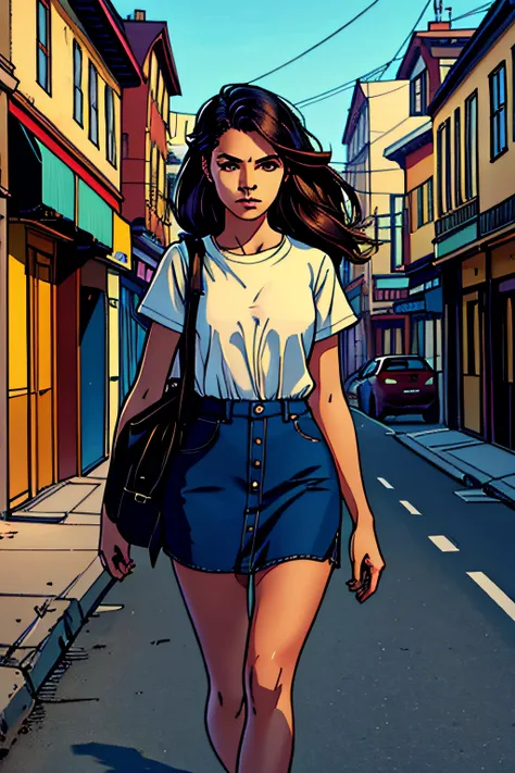 a young woman, alex, is walking down the street, minding her own business. she is wearing a simple outfit and has a thoughtful e...