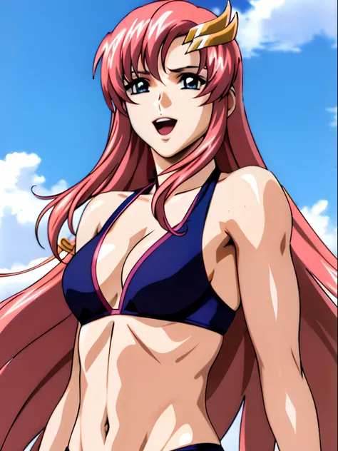 (masterpiece, upper body view, 4K, Best Quality, Anime style: 1.9,, Adult Woman, ultra detailed face, (cloud background, wrestling), Drawing lines, high resolution, Anime, lacus4), 1girl, Solo, curvy figure, Long hair, 鎖骨, scapular, (Detailed wide hair ban...