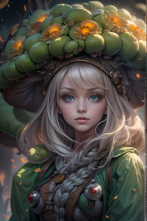 cute big eyes translucent green mushroom droids and a beautyfull girl,virus fight the droids,by Daniel Merriam, Nikolina Petolas, Peter Gric, Dariusz Klimcza full colors, hair backlighting, back lighting, volumetric lighting, 8K, perfect eyes, perfect pupi...