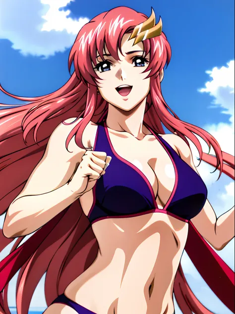 (masterpiece, upper body view, 4K, Best Quality, Anime style: 1.9,, Adult Woman, ultra detailed face, (cloud background, wrestling), Drawing lines, high resolution, Anime, lacus4), 1girl, Solo, curvy figure, Long hair, 鎖骨, scapular, (Detailed wide hair ban...