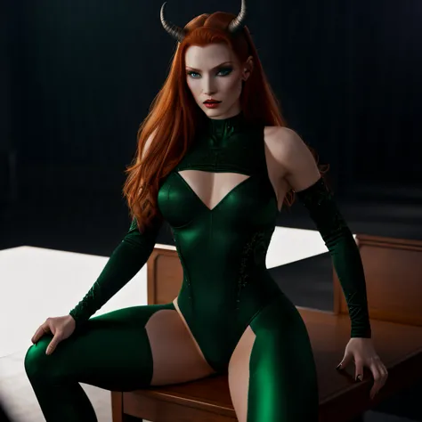 a slender ultra sexy seductress redhead, exquisite makeup, with (medium sized very firm breasts) sideboob, in a dark nightclub, turned towards camera, sexy attire, long hair, looking at viewer, Realism, VFX, Volumetric Lighting, Volumetric Light, Volumetri...