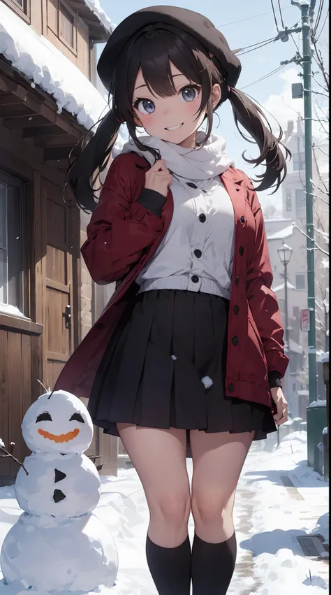 Illustration of a girl making a snowman in a snowy landscape。She wears a red coat and a black skirt.、Her hair is golden twin tails。She wears a scarf and hat on a snowman.、Smiling happily。There is white snow and trees in the background、You can feel the wint...