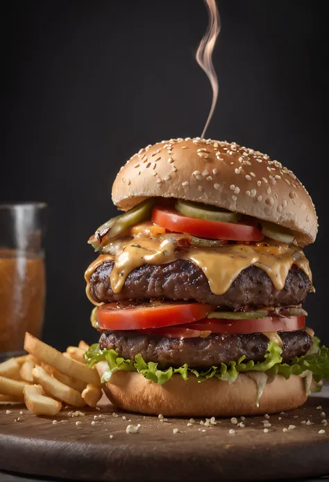 A burger falling in pieces juicy, tasty, hot, promotional photo, intricate details, hdr, cinematic, adobe lightroom, highly detailed