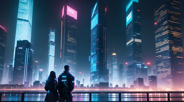 (best quality,highres:1.2),ultra-detailed,realistic,nighttime,high-tech,ppl walking,cityscape,futuristic,neon lights,modern architecture,reflection,glowing,cosmic,sci-fi,illuminated streets,colored shadows,limited color palette,artificial intelligence,robo...