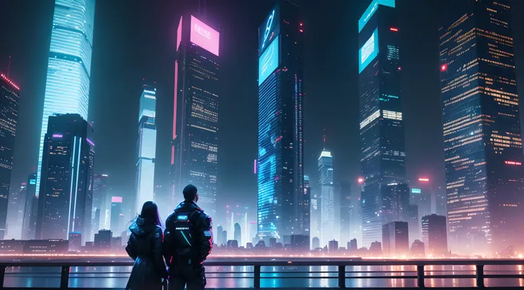 (best quality,highres:1.2),ultra-detailed,realistic,nighttime,high-tech,ppl walking,cityscape,futuristic,neon lights,modern architecture,reflection,glowing,cosmic,sci-fi,illuminated streets,colored shadows,limited color palette,artificial intelligence,robo...