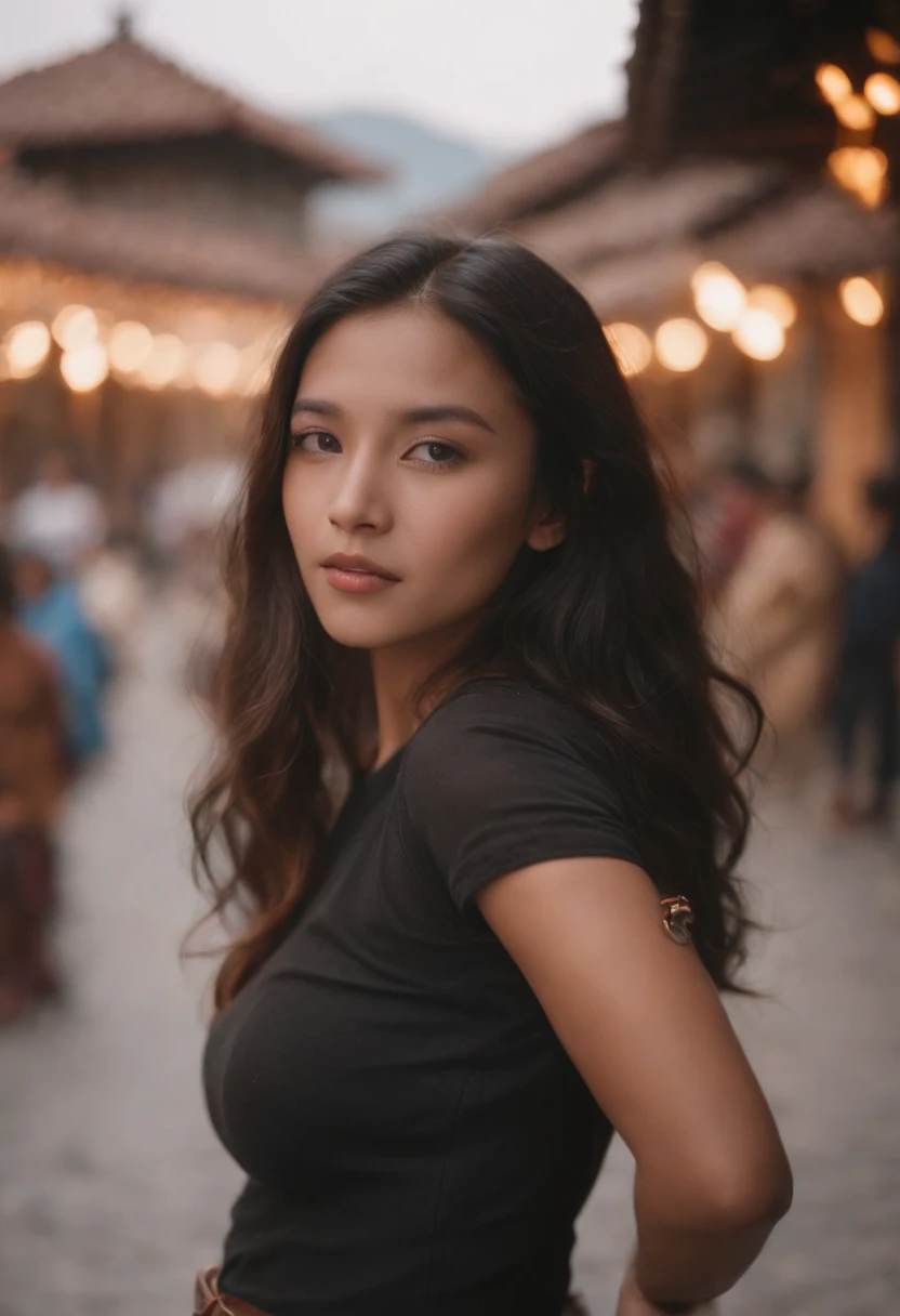 tourist, in the style of rap aesthetics, girl，Nepal，make for a memorable photo. The background places of Kathmandu ，photo taken with fujifilm superia, charly amani, oversized portraits, babycore, full body, skirt, crop top