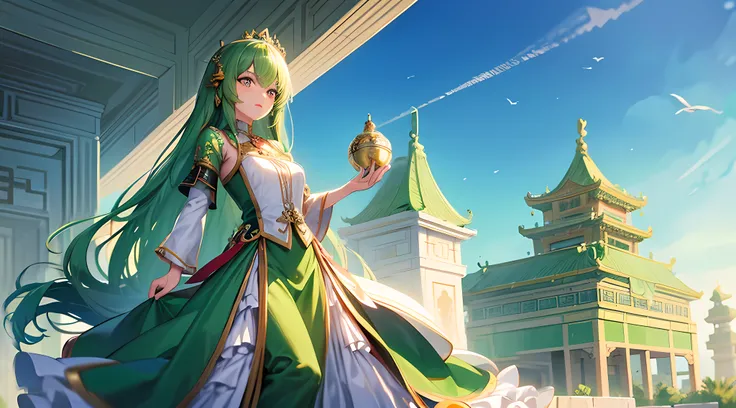 Green girl with long hair，Exquisite palace costume，Stand in front of the Chinese palace，Look up at the sky 45 degrees，