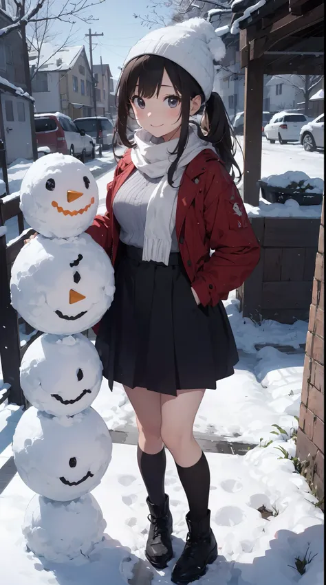 Illustration of a girl making a snowman in a snowy landscape。She wears a red coat and a black skirt.、Her hair is golden twin tails。She wears a scarf and hat on a snowman.、Smiling happily。There is white snow and trees in the background、You can feel the wint...