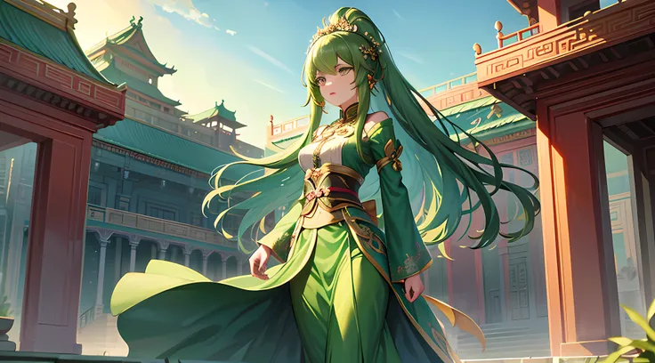 Green girl with long hair，Exquisite palace costume，Stand in front of the Chinese Heavenly Palace，Look into the distance，