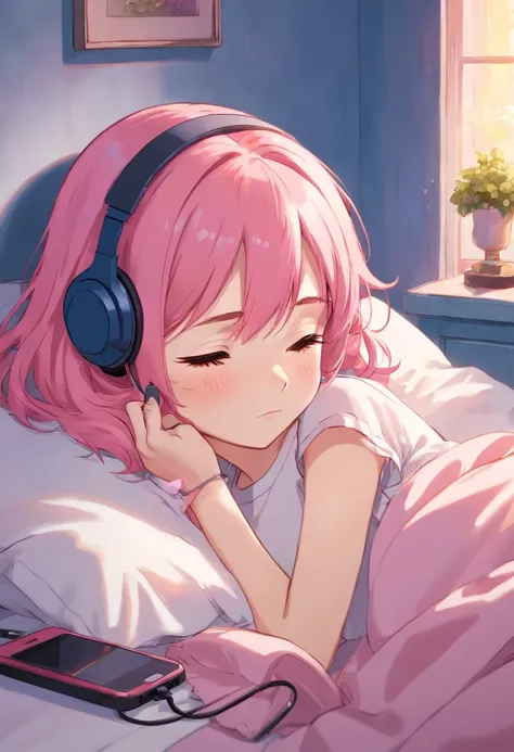 A girl is sleeping on the bed, the girl looks tired and sad, (pink hair), with a headset on her head next to the cell phone,