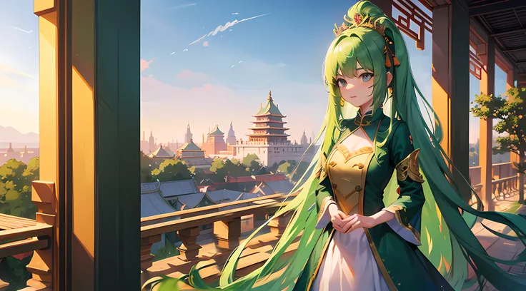 Green girl with long hair，Exquisite palace costume，Stand in front of the Chinese Heavenly Palace，Look into the distance，