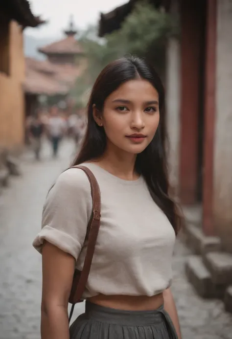 tourist, in the style of rap aesthetics, girl，Nepal，make for a memorable photo. The background places of Kathmandu , photo taken with fujifilm superia, charly amani, oversized portraits, babycore, full body, skirt, crop top, )full body), side pose