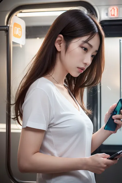 (((photorealistic))), ((realistic)), (ultra high definition), best quality, masterpiece, ray tracing, ((one japanese female)), ((super fine face)), (closed mouth), (((scrolling through her smartphone))), ((white v neck t shirt)), side view, upper body, (in...