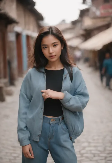 tourist, in the style of rap aesthetics, girl，Nepal，make for a memorable photo. The background places of Kathmandu ，photo taken with fujifilm superia, charly amani, oversized portraits, babycore, (full body), jeans, crop top, back pose