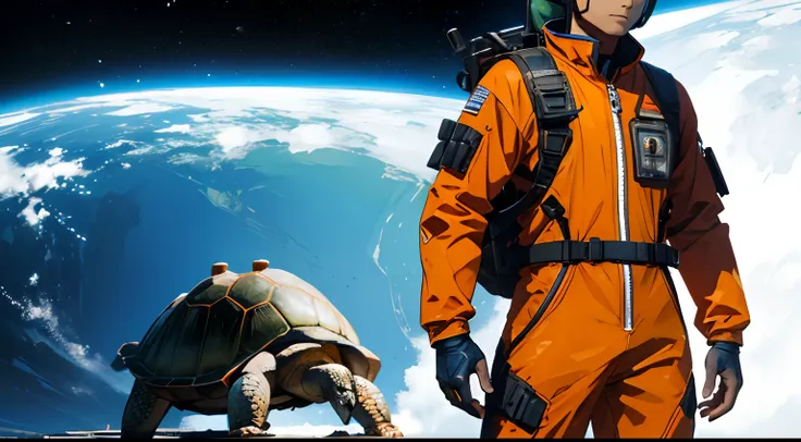 The humanoid with a turtle shell on his back looked at a man in an orange spacesuit