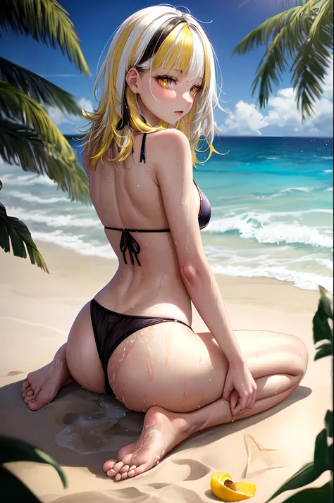 8k, masterpiece, teen, 1girl, black bikini, barefoot, yellow eyes, medium hair, messy bangs, tiny breasts, (white hair:1.4), yellow hair, (two-tone hair:1.4), at beach, sitting on sand, wet body, wet hair, from behind, looking behind, feet, ass visible thr...