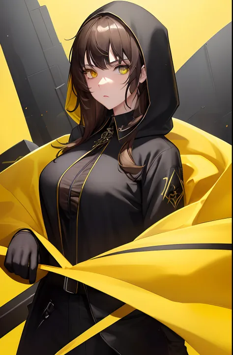 kk, best quality, more details, masterpiece, 1 girl, female focus, solo, heterochromia, An assassin woman in a black hooded suit, yellow background, yellow eyes, long hair, shirt, brown hair, collared looking at viewer, luxurious, 8k, detailed, ray tracing...