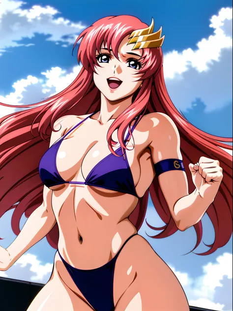 (masterpiece, upper body view, 4K, Best Quality, Anime style: 1.9,, Adult Woman, ultra detailed face, (cloud background, wrestling), Drawing lines, high resolution, Anime, lacus4), 1girl, Solo, curvy figure, Long hair, 鎖骨, scapular, (Detailed wide hair ban...