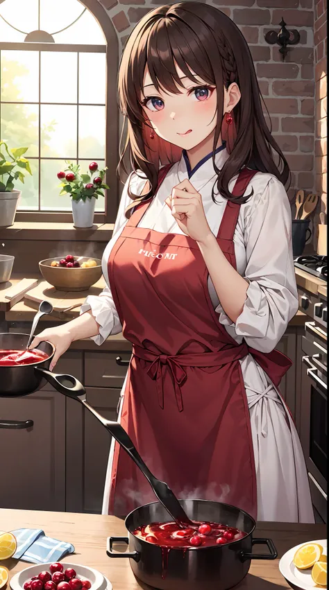 Background with: Luxury kitchens in medieval Europe。 There is a pot by the big fireplace.、Cranberry jam is boiled in it。 Fresh cranberry kernels and sugar on the kitchen table、Ingredients such as lemons are lined up。
人物: Young Marquis。Hairstyle is long hai...