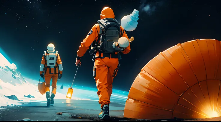 A humanoid creature carrying a shell looks at a man in an orange spacesuit