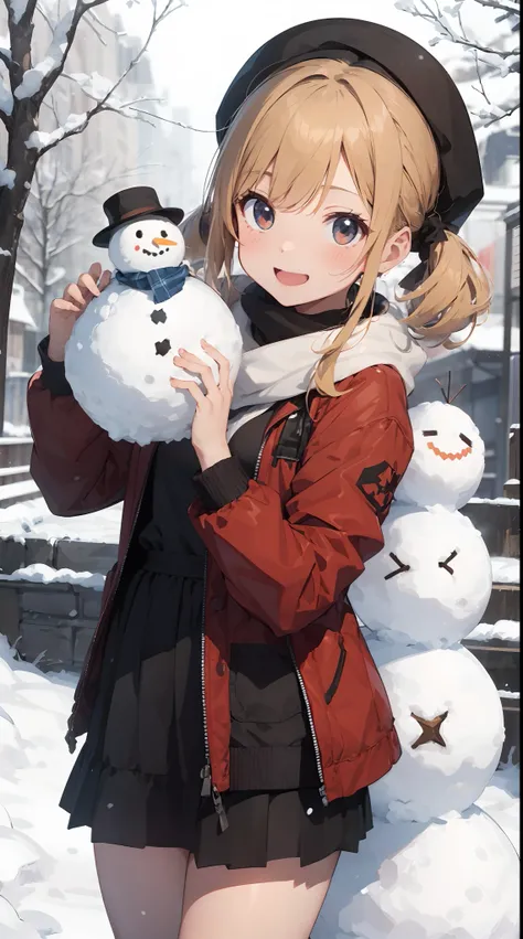 Illustration of a girl making a snowman in a snowy landscape。She wears a red coat and a black skirt.、Her hair is golden twin tails。She wears a scarf and hat on a snowman.、Smiling happily。There is white snow and trees in the background、You can feel the wint...