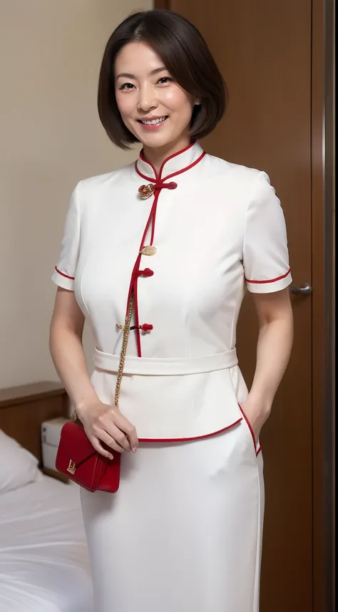 japanese mature, (A woman), 20 years old, (Wrinkles at the corners of the eyes:1.2), Medium breasts, A MILF, carismatic, Top 1 sexy, Chromo-white skin, view the viewer、ultra huge breasts、French high open red cheongsam、ssmile、in a  bedroom、Pear-shaped butto...