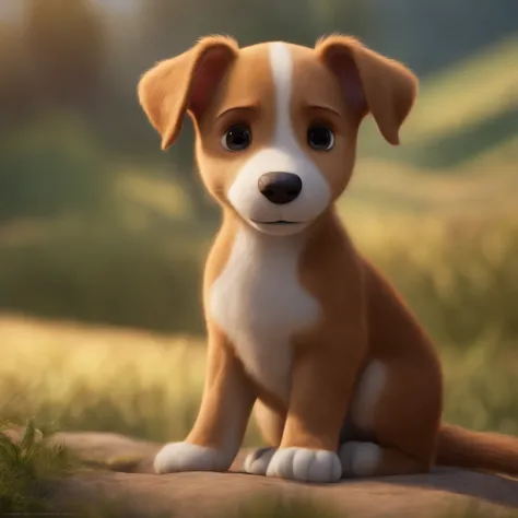 qualidade de imagem do filme，Disney Animation，style of disney animation，Disney film animation，Filmes 3D，China-style，Menina e filhote de cachorro brincando no campo do campo，Short hair and small braids，Denim suspenders，Bare feet，profundidade de campos，Luz a...