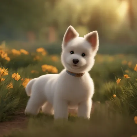 qualidade de imagem do filme，Disney Animation，style of disney animation，Disney film animation，Filmes 3D，China-style，Menina e filhote de cachorro brincando no campo do campo，Short hair and small braids，Denim suspenders，Bare feet，profundidade de campos，Luz a...