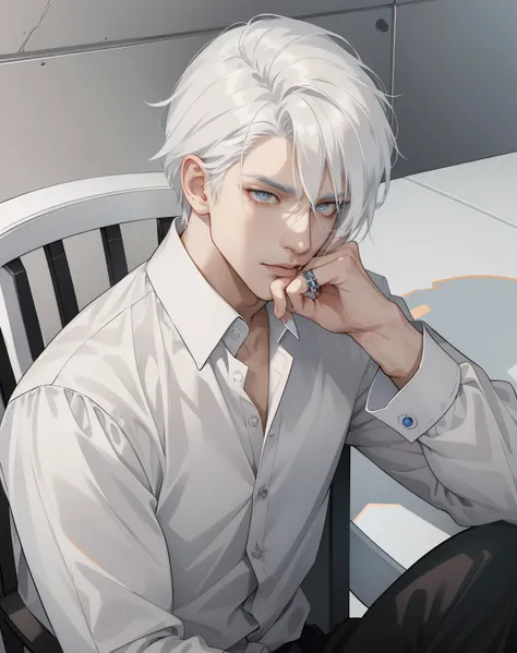 Anime guy with white hair sitting on chair, Bring your hands to your face, White half-unbuttoned shirt, white haired, maniacal gaze, handsome anime pose, a silver haired mad, Tall anime guy with amber eyes, hand on cheek, gray haired, finger rings