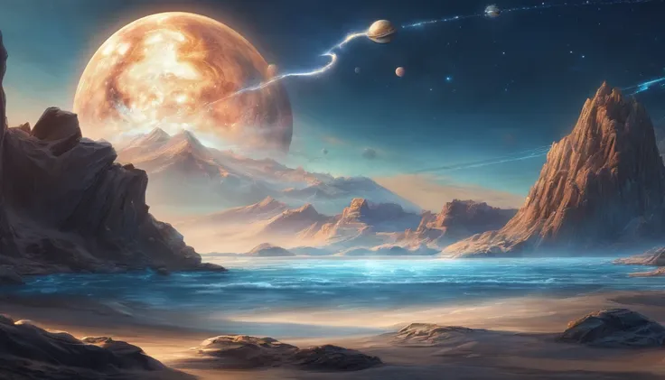 huge planet, the night, starrysky, surrealism, masutepiece, hight resolution、Impressive Milky Way:1.9、sand beach、Vast blue ocean、Blue glacier、lightning bolt:1.9、Protoplanets