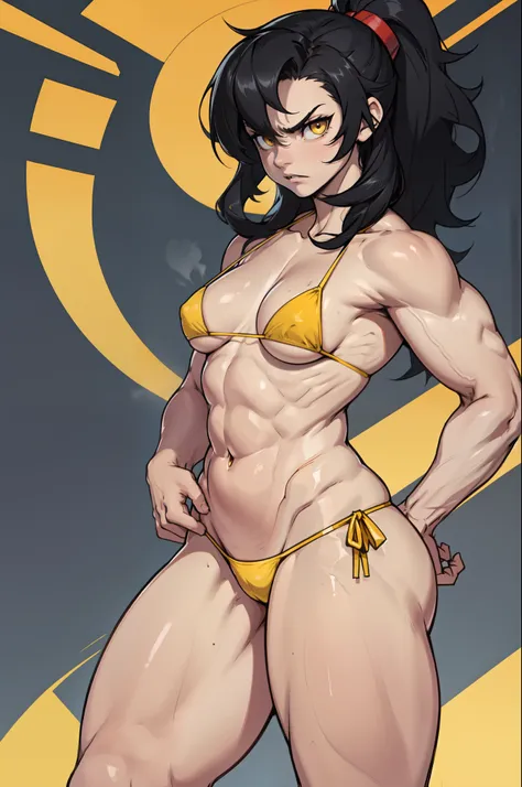 (muscular, thick thighs, small breasts, toned body, 1 girl), black hair, pale skin, yellow eyes, angry, solo micro bikini