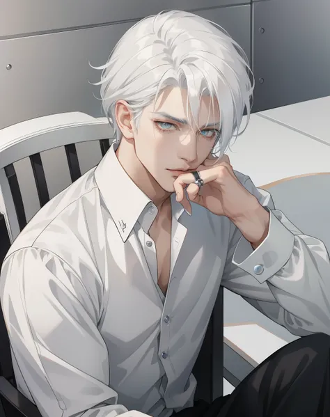 Anime guy with white hair sitting on chair, Bring your hands to your face, White half-unbuttoned shirt, white haired, maniacal gaze, handsome anime pose, a silver haired mad, Tall anime guy with amber eyes, hand on cheek, gray haired, finger rings