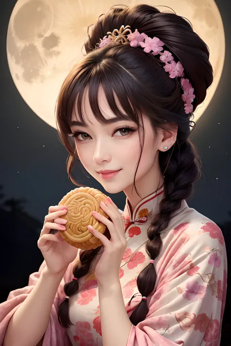 Masterpiece, Best quality, Night, full moon, Mid-Autumn Festival，1 Mature woman eats mooncakes, Chinese style, Ancient China, Imperial sister, Smile, Dark brown hair, Dark hair, Princess cut, Fried dough twisted braids, Coiled hair, Double ball head, Light...