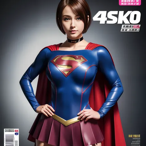 (Best Quality,4K,8K,hight resolution,masutepiece:1.2),Ultra-detailed,Realistic:1.37,Super masterpiece,Short-haired Supergirl、large full breasts、Looking at the camera、Glossy costume、a choker、Too short miniskirt、Weekly magazine cover style、Wink