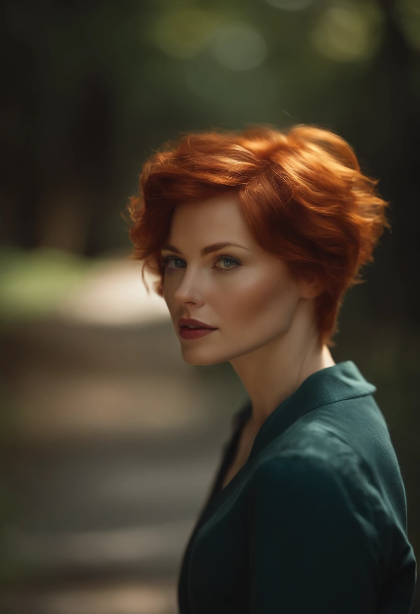 Generate a hyper-realistic image of a short-haired redheaded woman