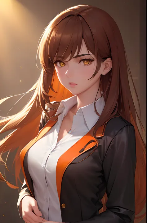 kk, best quality, more details, masterpiece, 1 girl, female focus, solo, collared shirt, brown background, orange eyes, long hair, brown hair, looking at viewer, luxurious, 8k, detailed, ray tracing, depth of field, cinematic lighting, Simple yellow lines,...