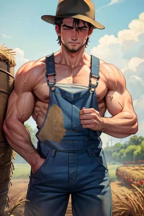 hot farmer man, muscles, dripping wet, overalls, pitchfork, hay, blushing face, slutty