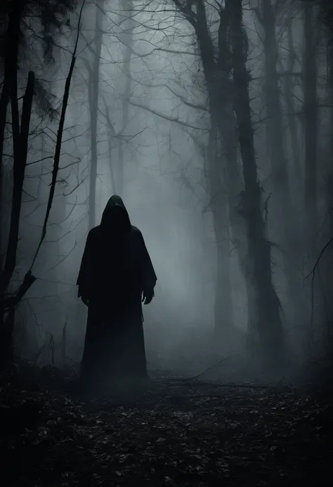 A terrifying silhouette lurking in a misty forest , shrouded by darkness and eerie mist