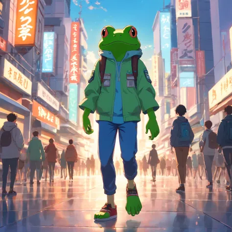 ((Fotogr RAW)), ((tmasterpiece)), Anthropomorphic humanoid frog in streetwear, Walk wildly through the crowd,Traga fones de ouvido，Trends intricate details, Trabalho intrincado de Gribors, Behind the city, corpo musculoso em forma, muscular arms, small hea...