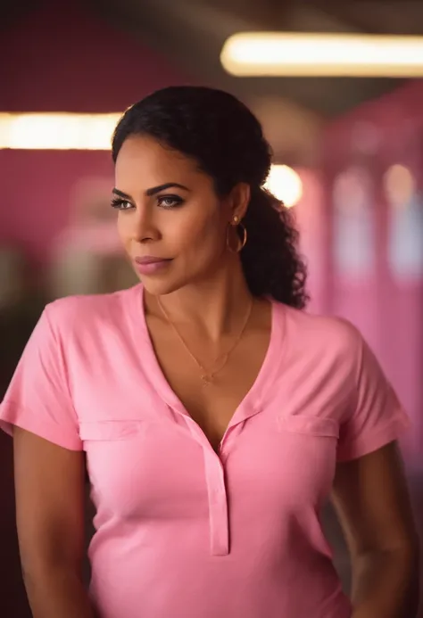 mulher negra 30 anos acima do peso usando camisa rosa, brasileira, pobre, foto com fundo rosa, camiseta rosa