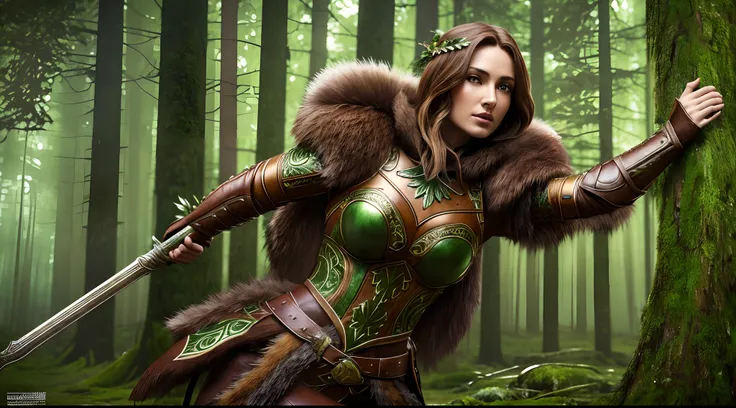 complex 3d render ultra detailed of a one beautiful female druid in brown and green leather armor covered in bear fur, the beautiful female druid has long copper brown hair, beautiful natural soft rim light, colorful details, Green and Brown leather armor ...