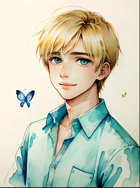 Summer ( Watercolor ( Watercolor  ( Medium ), Sketch, Iris: 1.2), butterflies, intricate details, sfw, Armin Arlert, delicate featured young man, smooth skin, clear light skin, blonde hair, cyan eyes, bright innocent smile, button up shirt, Armin Arlert