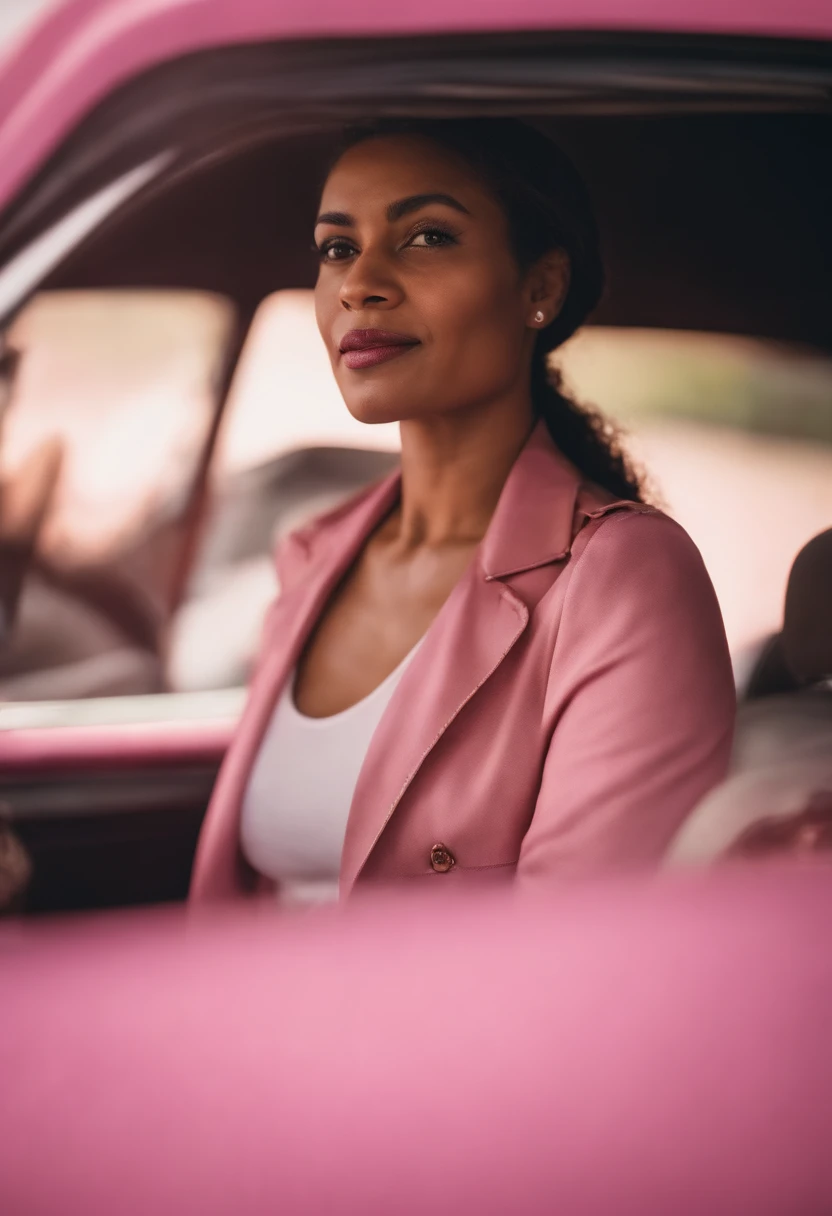 mulher negra 30 anos acima do peso usando camisa rosa olhando para camera, brasileira, pobre, foto com fundo rosa, camiseta rosa, foto premiada