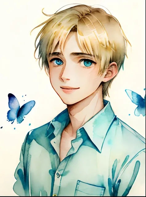 Summer ( Watercolor ( Watercolor  ( Medium ), Sketch, Iris: 1.2), butterflies, intricate details, sfw, Armin Arlert, delicate featured young man, smooth skin, clear light skin, blonde hair, cyan eyes, bright innocent smile, button up shirt, Armin Arlert