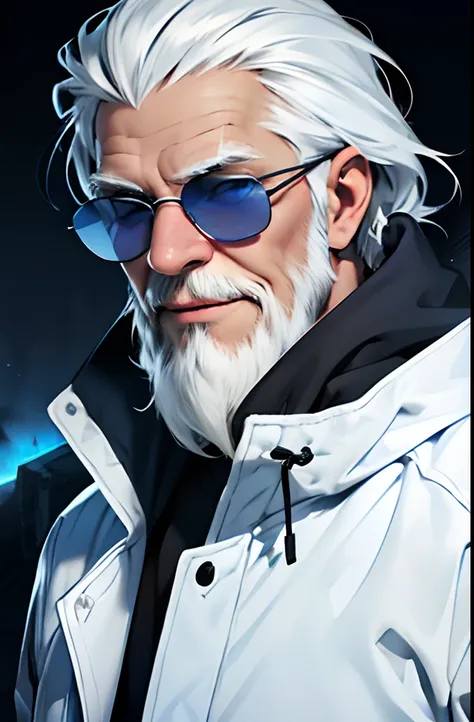 (best quality,highres,realistic,1.2),portrait,a old man with a long white beard and white hair wearing sunglasses and a blue parka,with bright blue eyes,a goofy smile,a serious expression,a dark and mysterious atmosphere