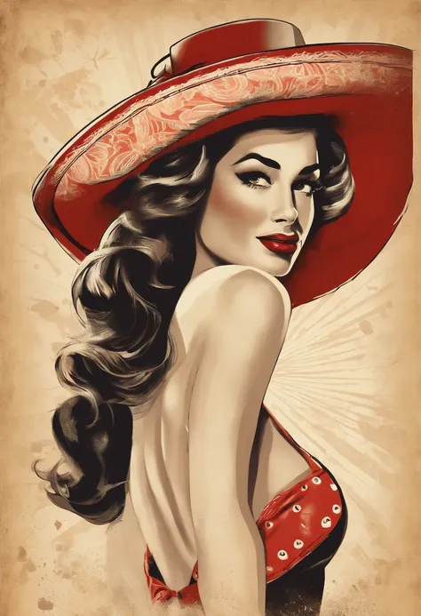 Vintage retro art printing, Poster of a sexy, Glamorosa chica pin-up con un sombrero de marinero, Bikini y medias de lunares