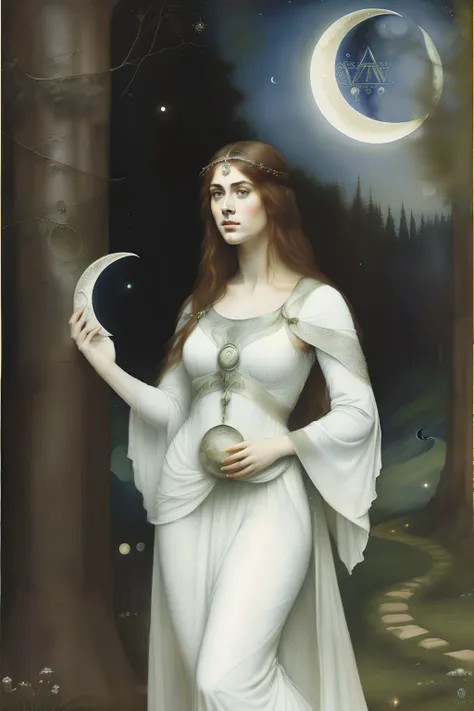 (((Pre-Raphaelite painting of a Greek moon goddess 3m a grove, Flowing white clothes, Large crescent moon in night sky, paisagem celta, bruxaria, Wicca)))