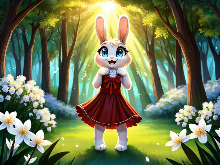 zoomed out image, fantasy style art, cute, adorable, short character, small, tiny little fluffy female white bunny with blue eyes, 4 ears, 2 extra ears, big floppy ears, long ears, ears perked up, raised ears, long eyelashes, poofy rabbit tail, wearing a r...