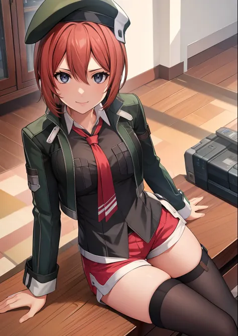 ​masterpiece, top-quality, Noel Seeker, beret, Green jacket, Black shirt, neck tie, Red shorts, black thighhighs, boots, cheely smile, livingroom, sitting in the couch, black eyes,Official art,Highly detailed CG Unity 8K wallpaper, Perfect Lighting,Colorfu...