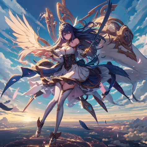 (((8K,masutepiece,Best Quality))), maxiskit, dress conservatively 1 girl, Solo, Full body, wide shoot,BREAK、(((Cute angel flying in the blue sky))), Fantasy, Big Angel Wings, Big smile, Blue long wavy hair, Blue hair, Delicate eyes, beautifullydetailedback...